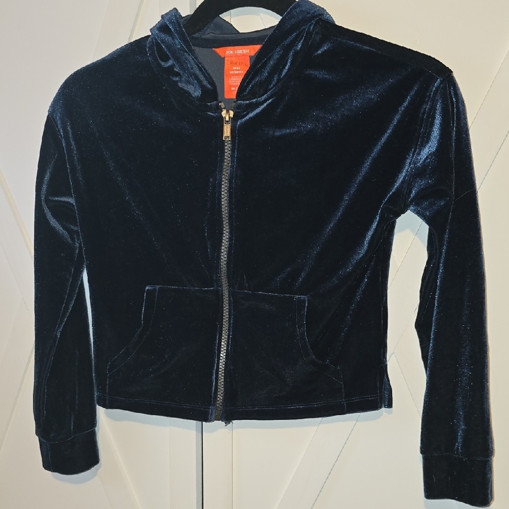 Girls Navy Blue Velvet Zip Hoodie